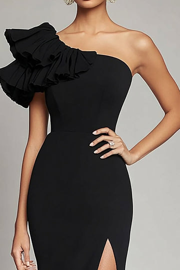 Black One Shoulder Ruffled Mermaid Satin Long Formal Dress with Slit